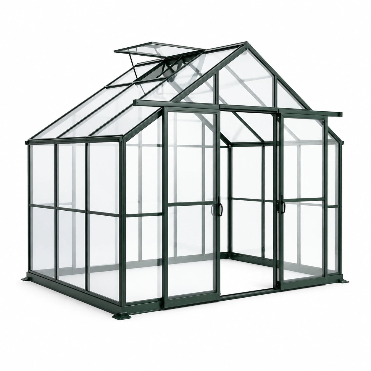 Serre de jardin en aluminium vert foncé et verre transparent avec double porte et lucarne ouvrante, 190 × 190 × 220 cm