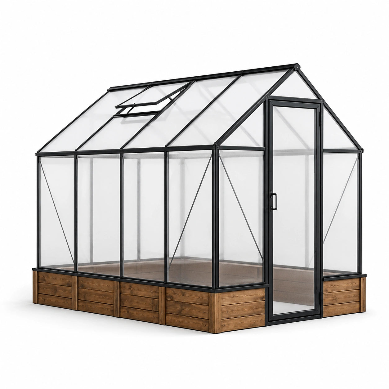 Serre de jardin 244 × 183 × 227 cm en aluminium noir, bois brun et panneaux transparents avec porte et lucarne