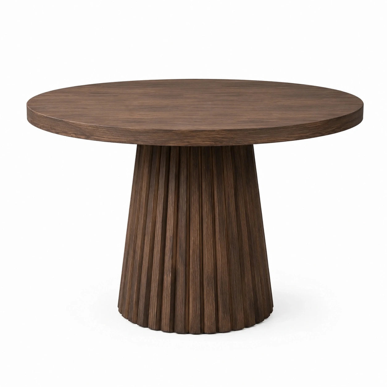 Table ronde en bois brun noyer avec pied central cannelé, Ø 120 × H 75 cm