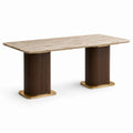 Table à manger rectangulaire 180 × 90 × 75 cm, effet marbre beige, pieds cannelés marron et finitions dorées