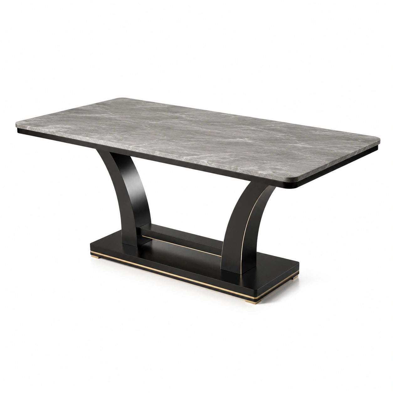 Table à manger contemporaine en céramique grise effet marbre avec piètement noir et doré, 160 × 90 × 75 cm