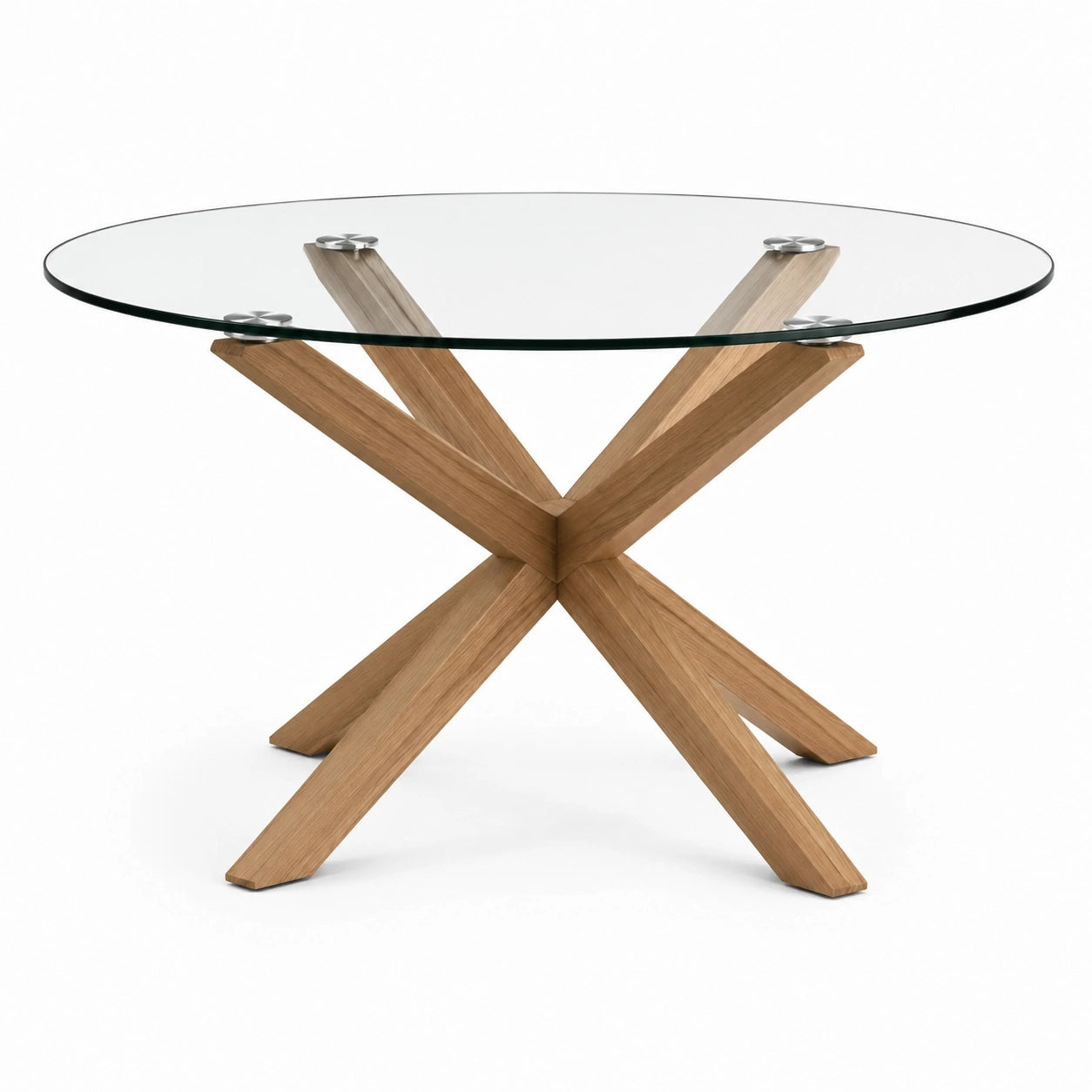 Table à manger ronde Ø 120 × H 75 cm, plateau en verre transparent et piètement en bois finition chêne naturel
