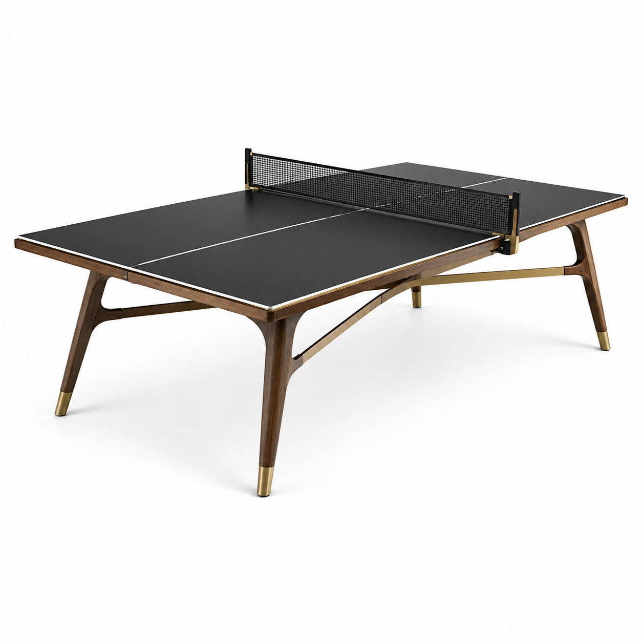 Table de tennis de table d’intérieur noire et marron avec finitions en laiton, 274 × 152,5 × 76 cm