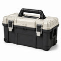 Boîte à outils portable en plastique noir, beige et argenté, 53 × 27 × 30 cm, poignées de transport et fermoirs métalliques
