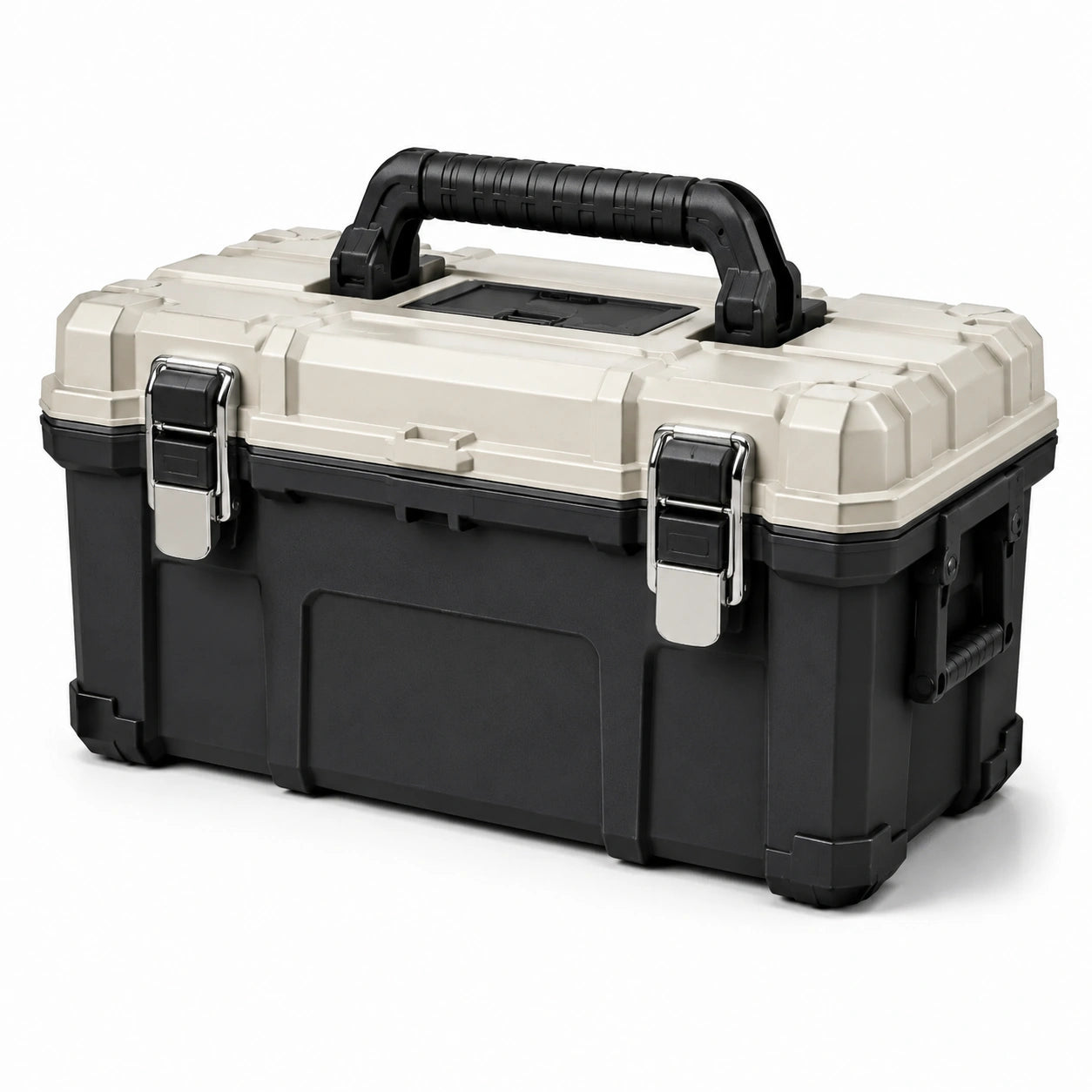 Boîte à outils portable en plastique noir, beige et argenté, 53 × 27 × 30 cm, poignées de transport et fermoirs métalliques