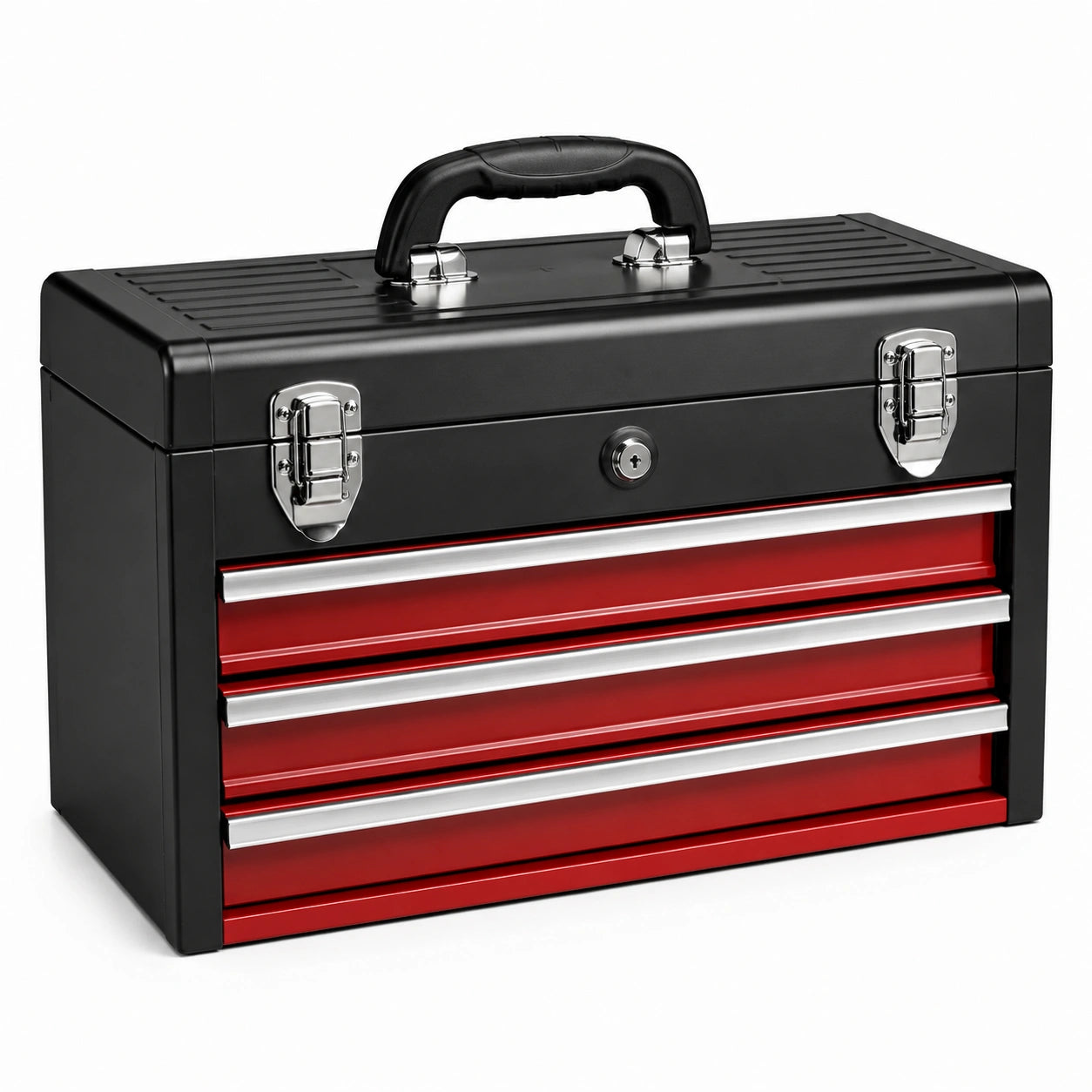 Boîte à outils portable en métal noir, rouge et argent, 51 × 22 × 35 cm, avec 3 tiroirs verrouillables
