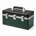 Boîte à outils métallique vert foncé et noire 45 × 20 × 25 cm avec poignée et fermetures argentées