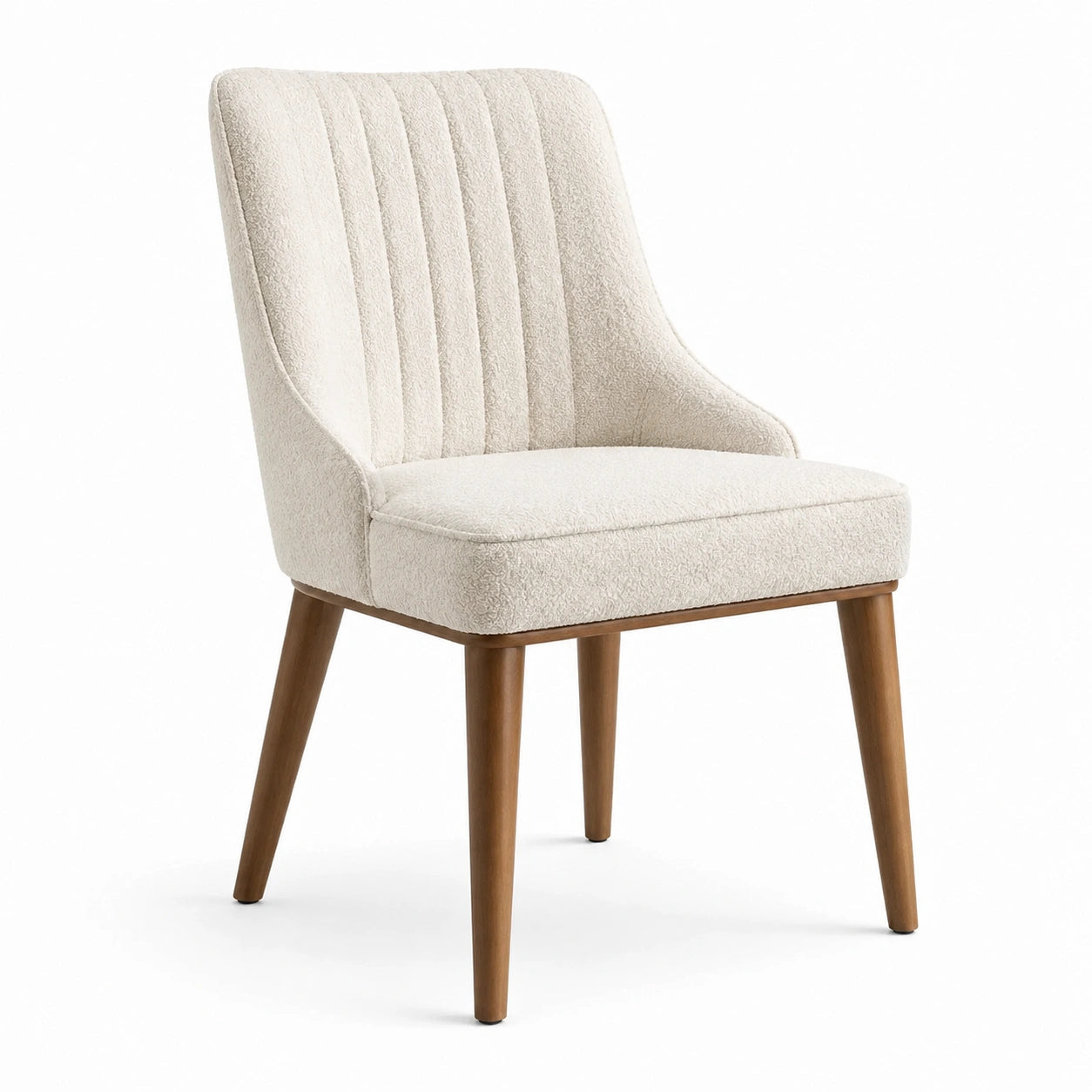 Chaise rembourrée en tissu bouclé écru avec pieds en bois brun, 58 × 62 × 84 cm