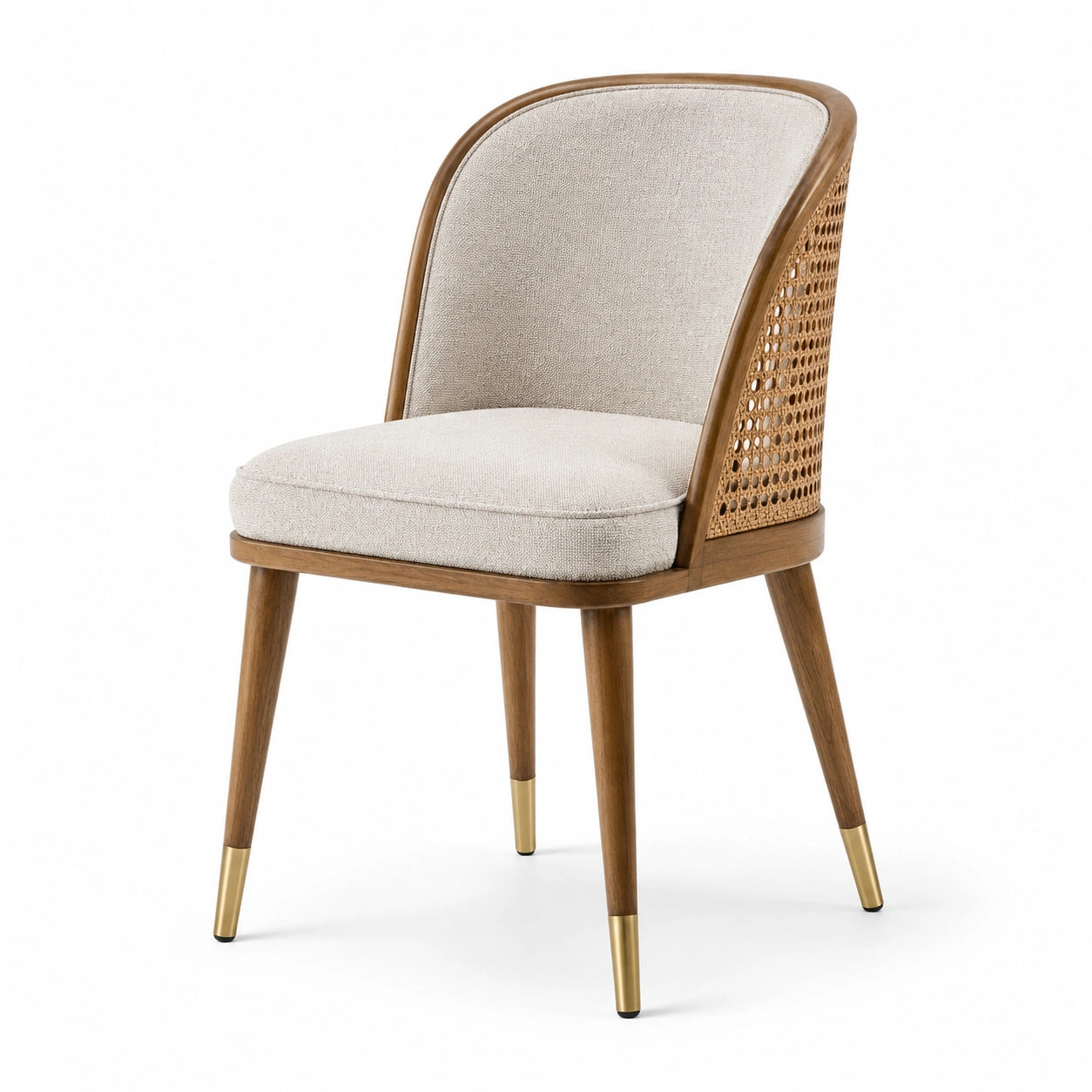 Chaise rétro en bois brun, cannage et tissu beige, 58 x 62 x 82 cm