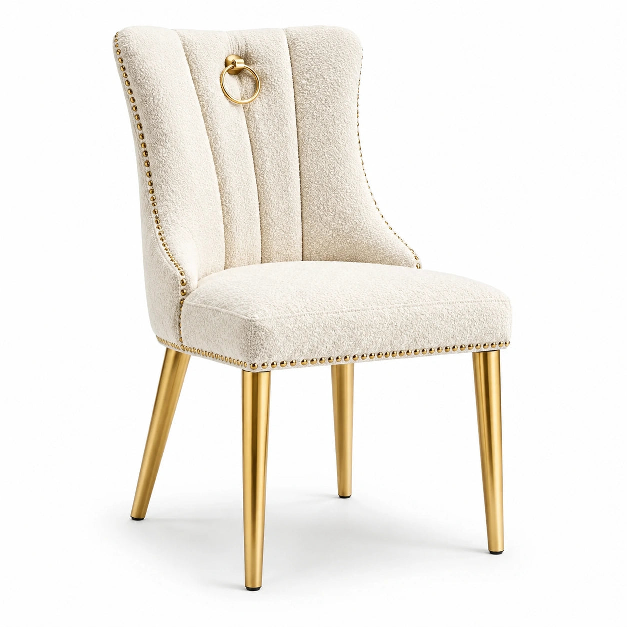 Chaise rembourrée en tissu bouclé écru avec pieds en métal doré, 55 × 62 × 88 cm