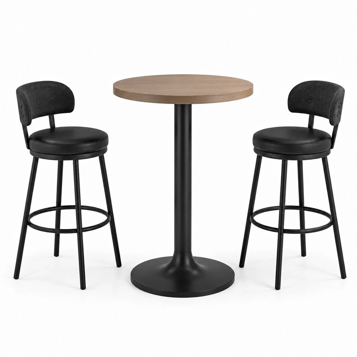 Table haute ronde Ø 80 × H 105 cm avec 2 tabourets L 47 × P 50 × H 95 cm, noir, marron et gris foncé