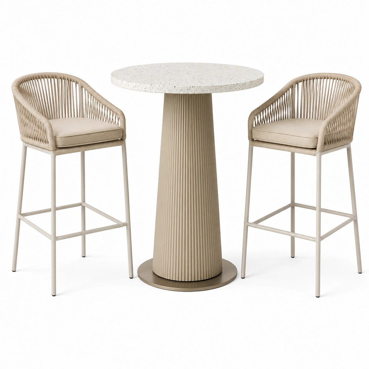 Ensemble de bar 3 pièces beige et blanc moucheté, table ronde Ø 80 × H 105 cm et 2 chaises hautes 56 × 57 × 102 cm
