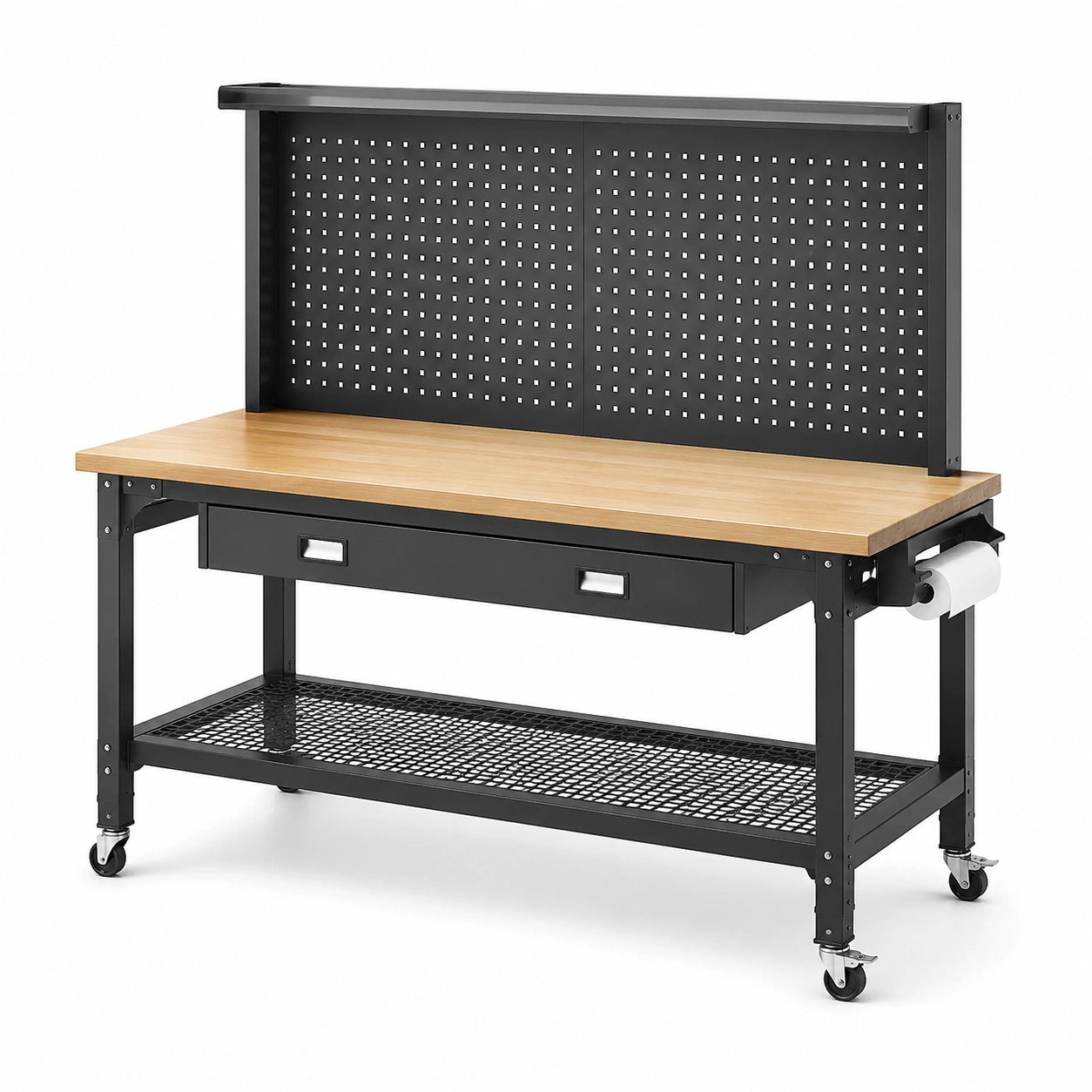 Établi d’atelier mobile 120 × 60 × 150 cm en acier noir et bois naturel avec panneau perforé, 2 tiroirs et roulettes