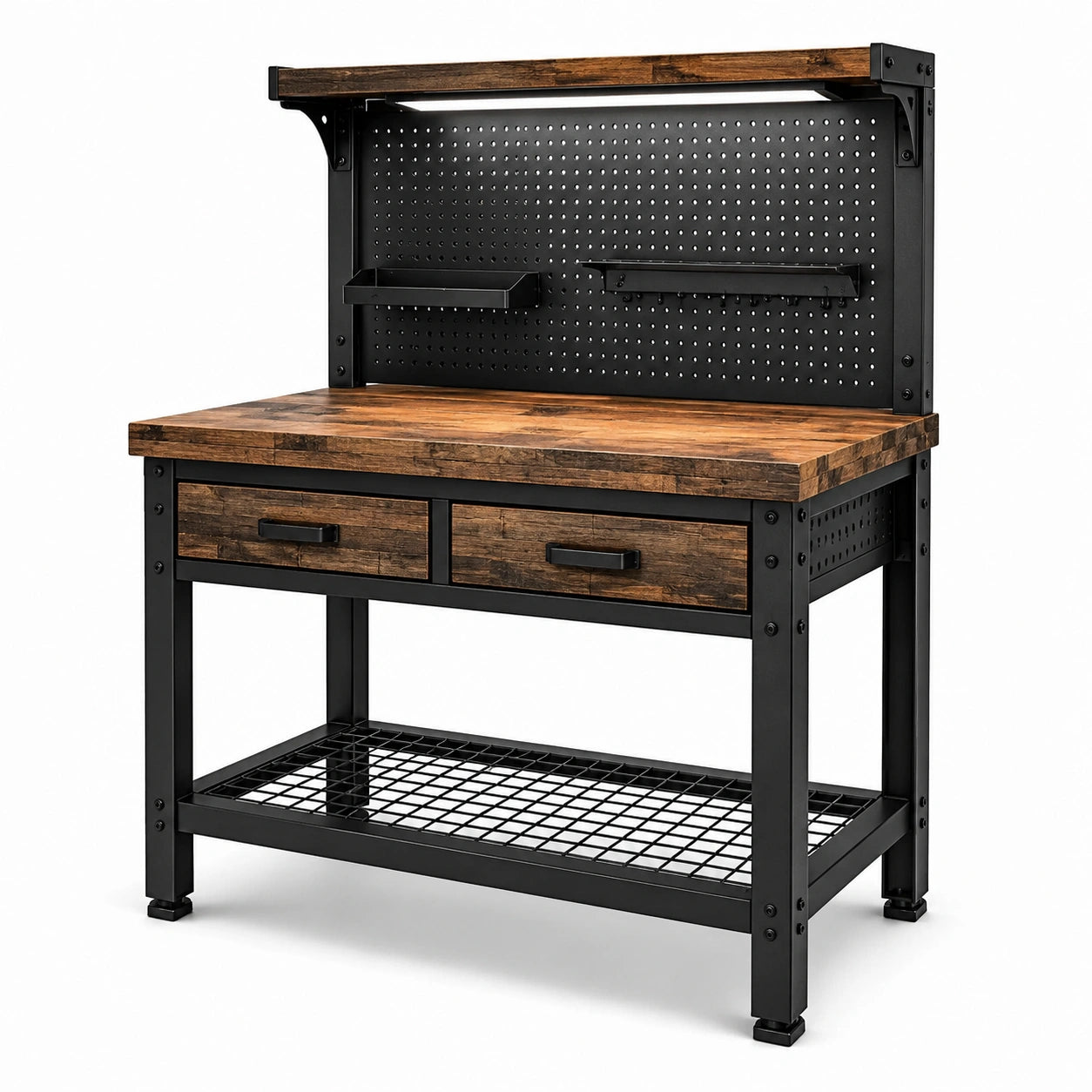 Établi industriel en acier noir et brun rustique, 120 × 60 × 155 cm, avec 2 tiroirs, panneau perforé et 2 tablettes