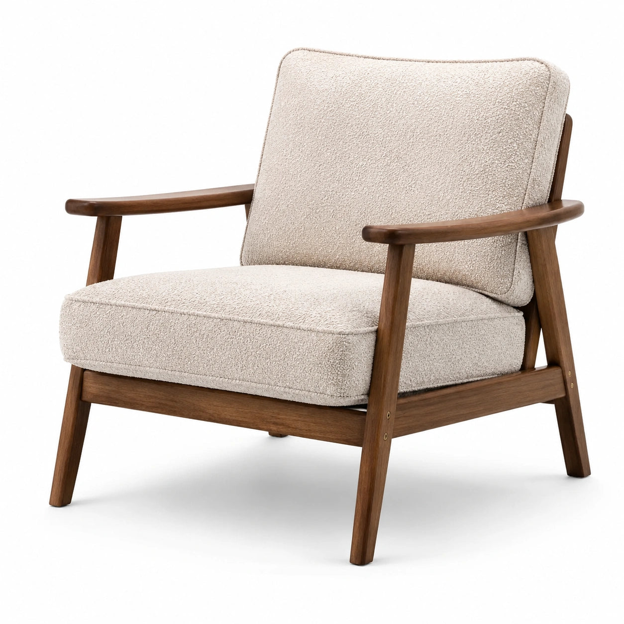 Fauteuil rétro en tissu bouclé beige avec structure en bois brun, 76 × 82 × 82 cm