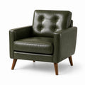 Fauteuil 1 place en similicuir vert olive avec dossier capitonné et pieds en bois brun, 85 × 82 × 88 cm