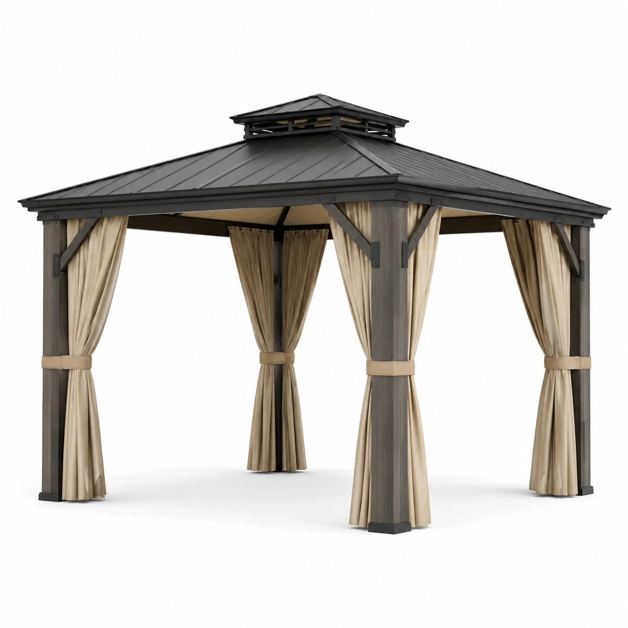 Pavillon de jardin 300 × 300 × 280 cm en bois brun et métal anthracite avec toit rigide et rideaux beiges