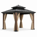 Pergola de jardin 300 × 300 × 300 cm, structure marron, toit rigide noir à double niveau et rideaux beiges