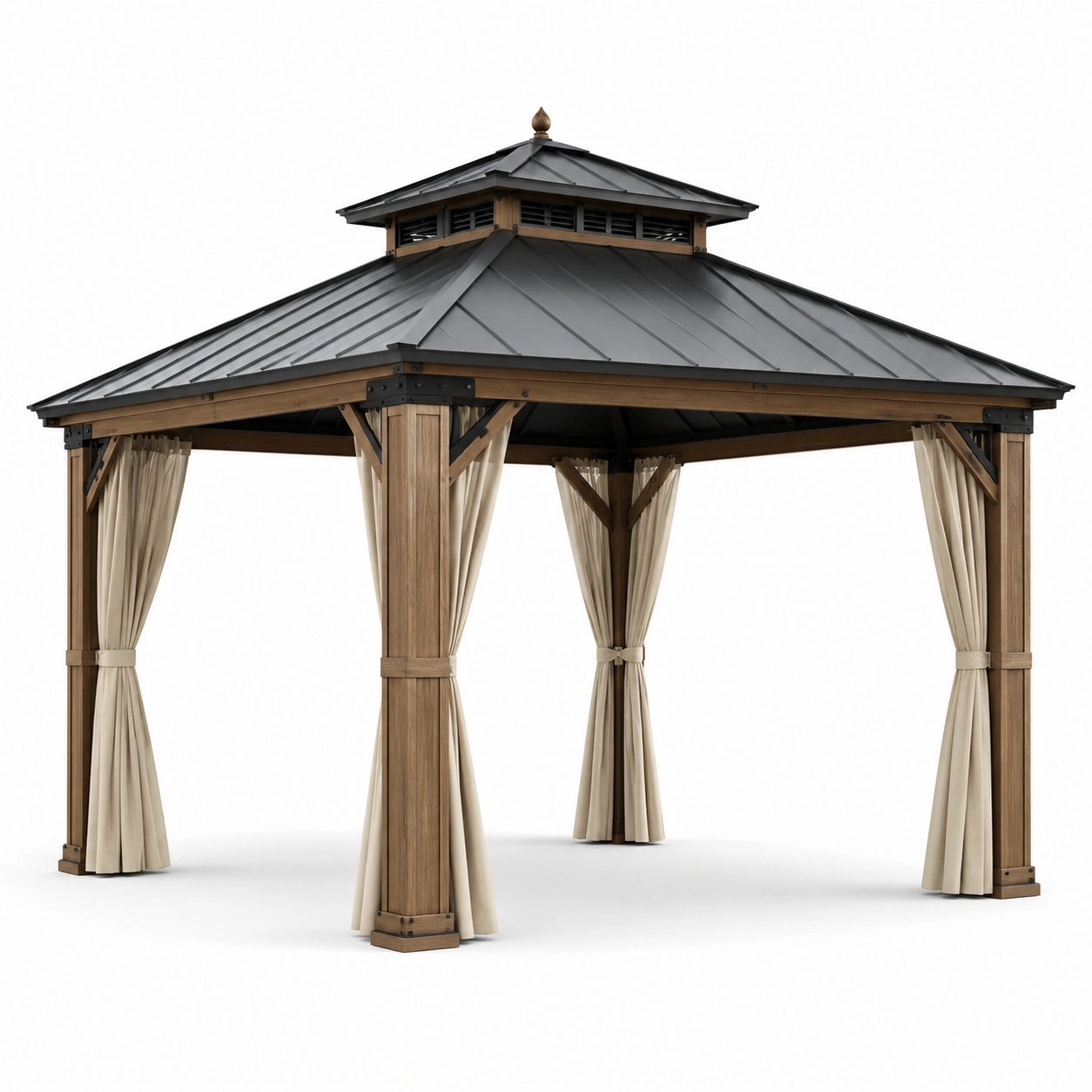 Pavillon de jardin en bois brun et métal anthracite avec rideaux beiges, 430 × 370 × 320 cm