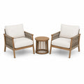 Ensemble de jardin 3 pièces en bois brun, corde beige et coussins blanc cassé – 2 fauteuils 76 × 80 × 84 cm et table Ø 50 × H 50 cm
