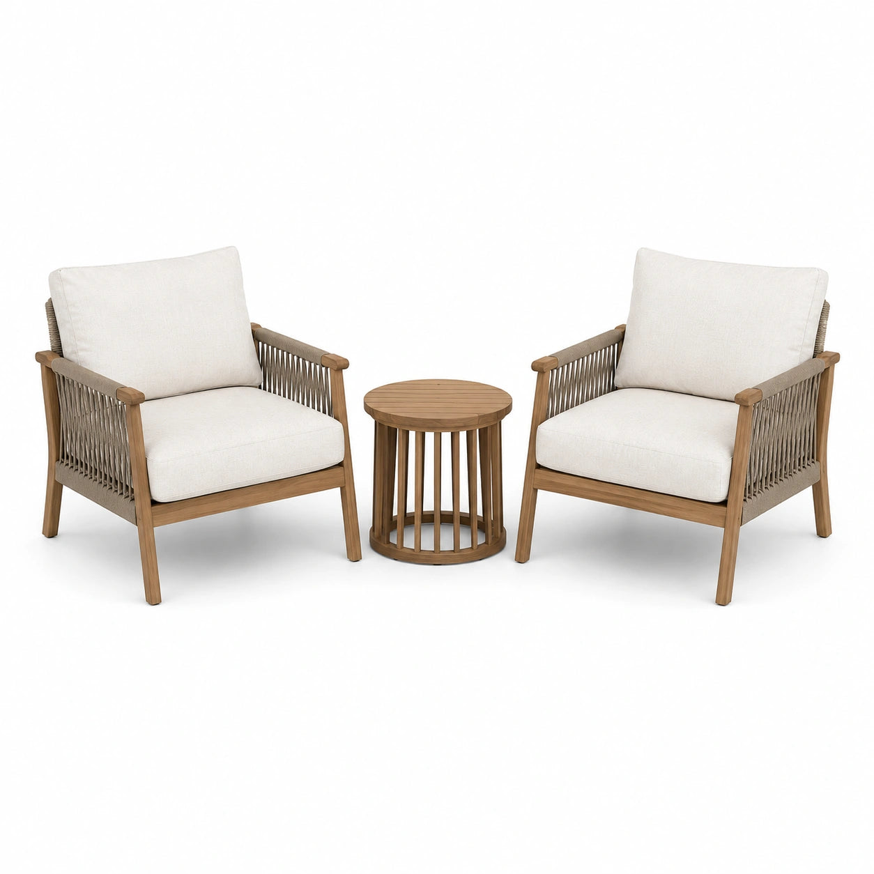 Ensemble de jardin 3 pièces en bois brun, corde beige et coussins blanc cassé – 2 fauteuils 76 × 80 × 84 cm et table Ø 50 × H 50 cm