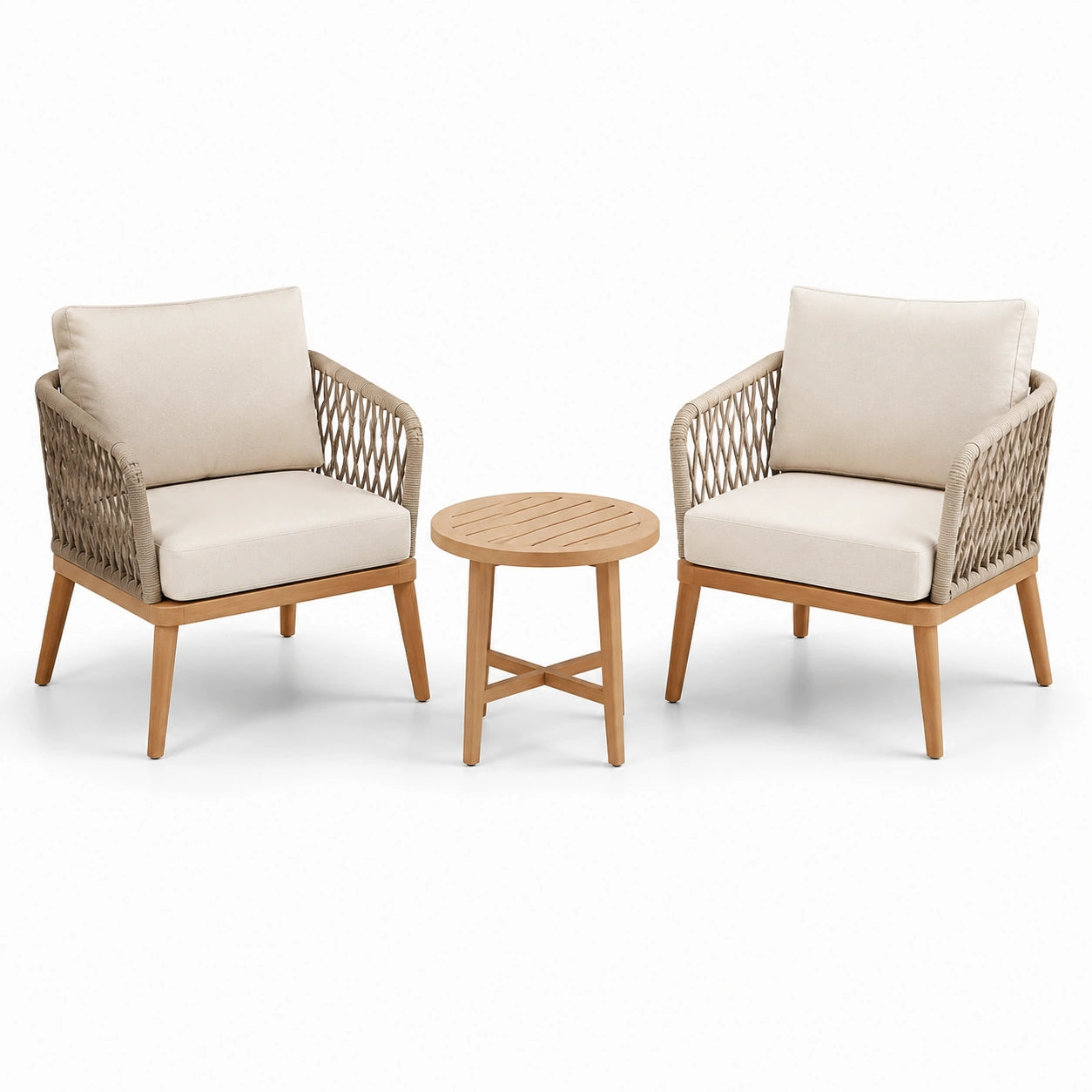 Salon de jardin 3 pièces avec 2 fauteuils de 72 x 75 x 80 cm et table ronde Ø 50 x H 50 cm, beige et marron clair