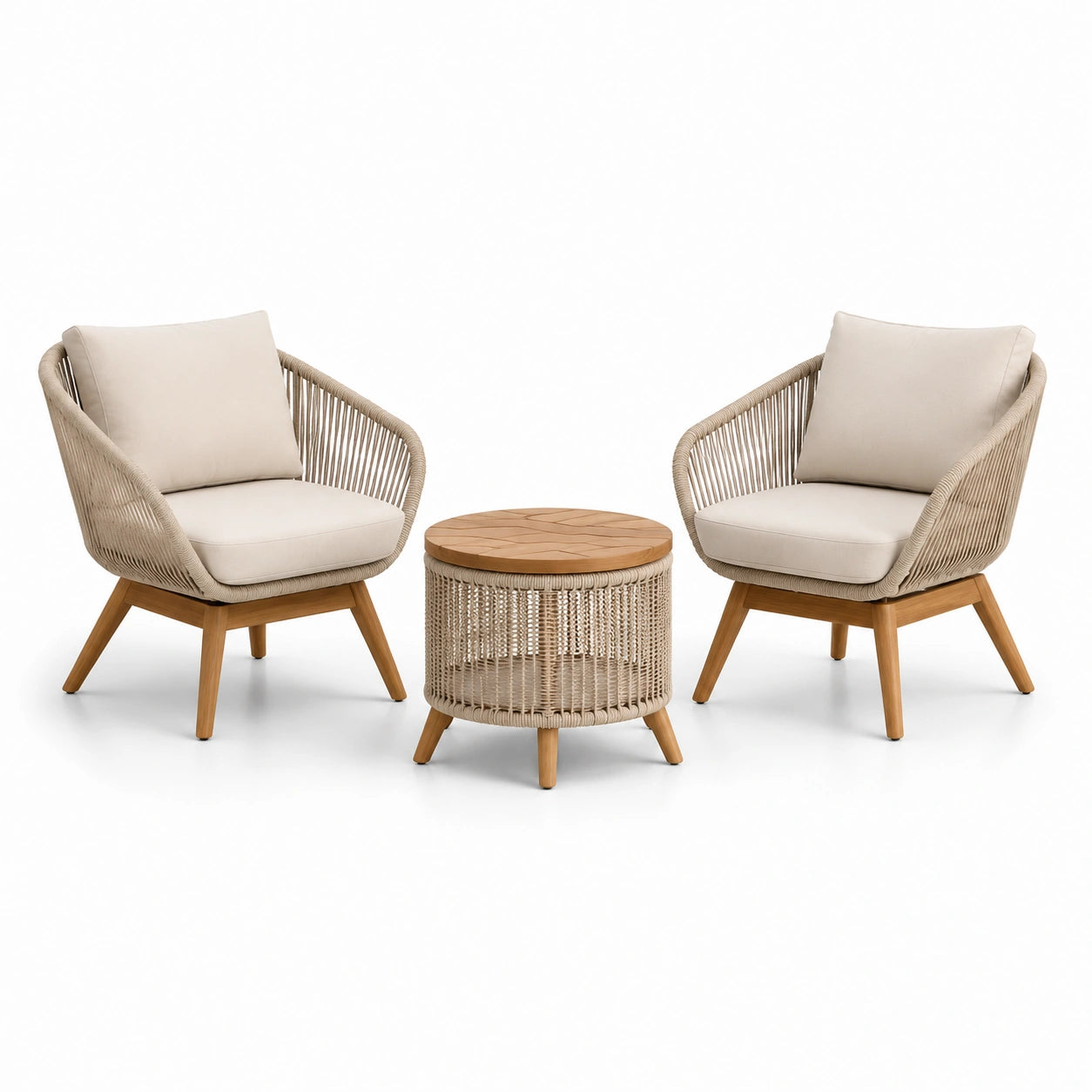 Ensemble 3 pièces beige et marron avec 2 fauteuils 76 × 75 × 82 cm et table ronde Ø 60 × 45 cm