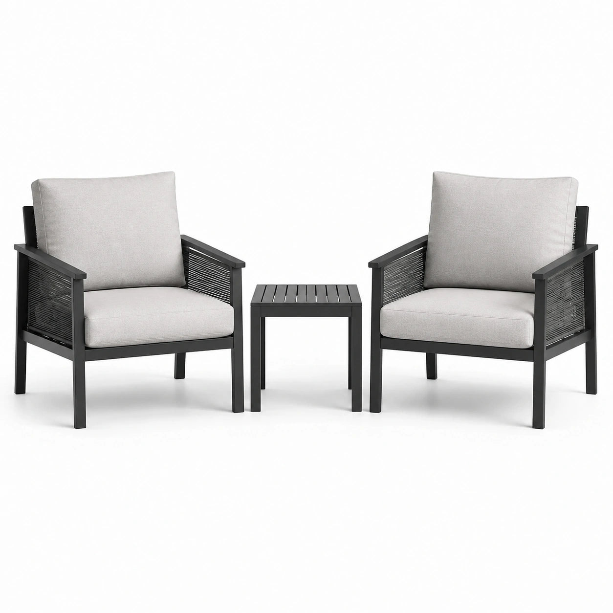 Ensemble 3 pièces noir et gris clair avec 2 fauteuils 72 × 75 × 82 cm et table 45 × 45 × 45 cm