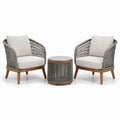Salon de jardin 3 pièces gris taupe et bois naturel, 2 fauteuils 76 × 78 × 85 cm et table ronde Ø 58 × 49 cm